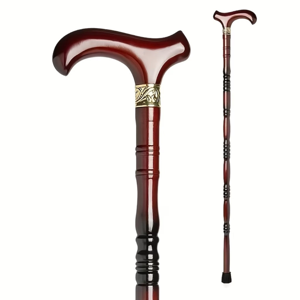 Ornate Collar Derby Walking Cane, Beech Wood - handle close-up and full length