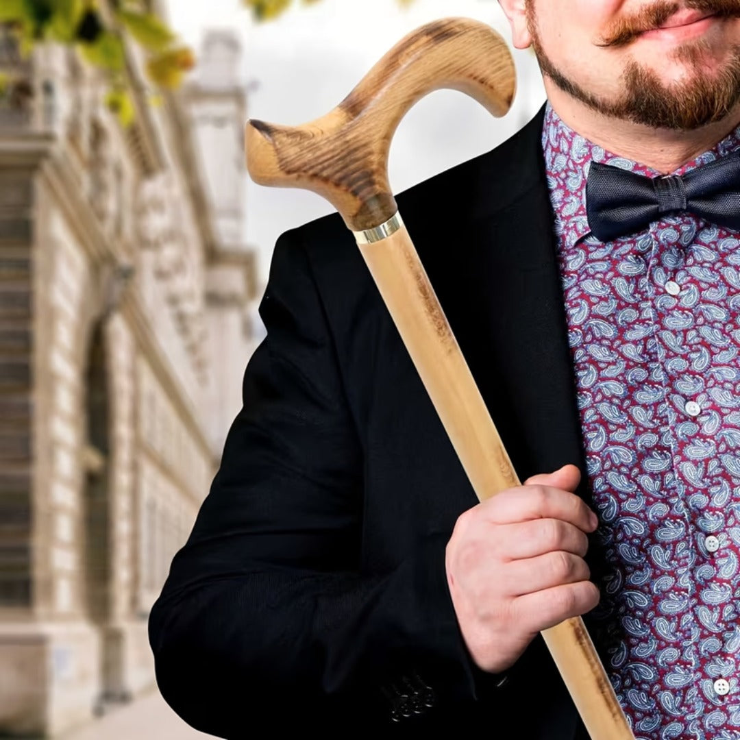 Two-Tone Beech Derby Walking Cane carried over the shoulder with a suit