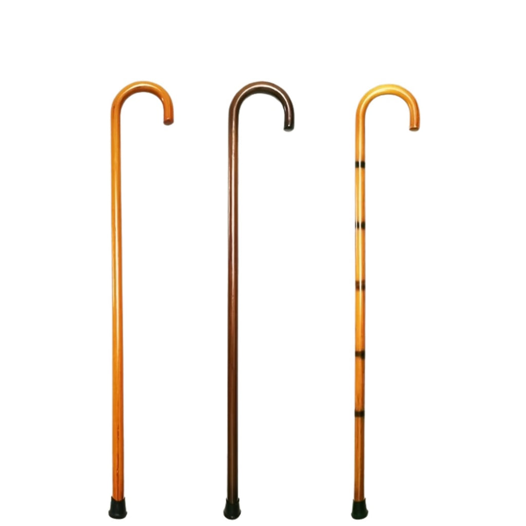 One-Piece Beech Crook Walking Stick shown in light brown, dark brown and dual-tone