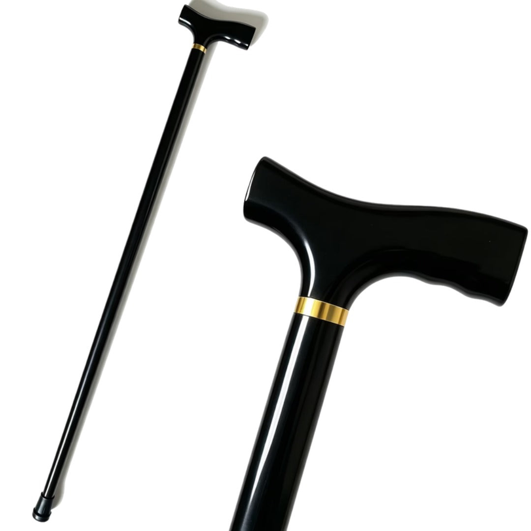 Flat End Beech Walking Cane in black with gold collar