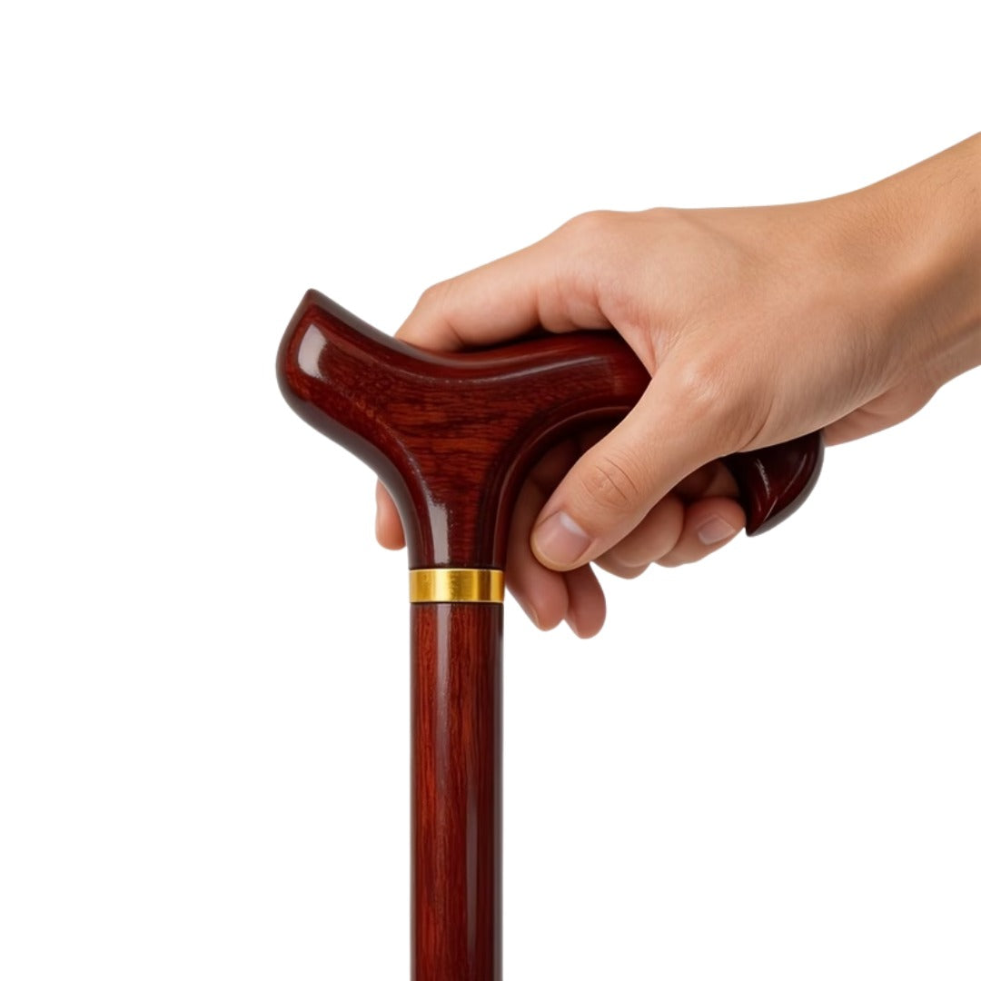 Burgundy Derby handle held in the hand