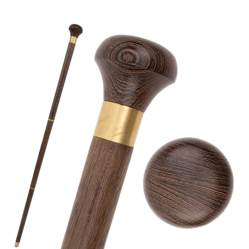 Knob handle walking stick with brass collar, full length and top view