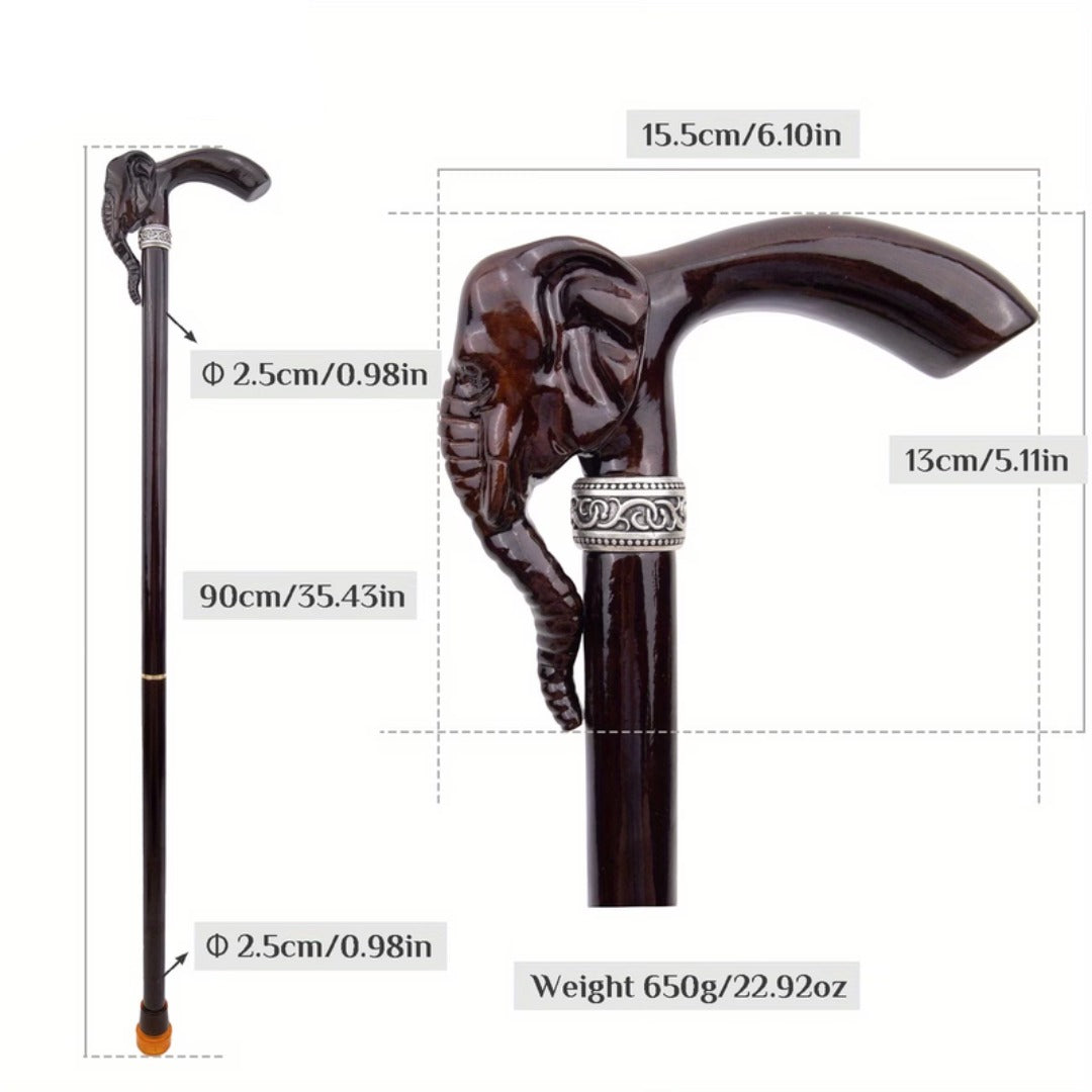 Elephant Derby Walking Cane, second view of the carved elephant head grip