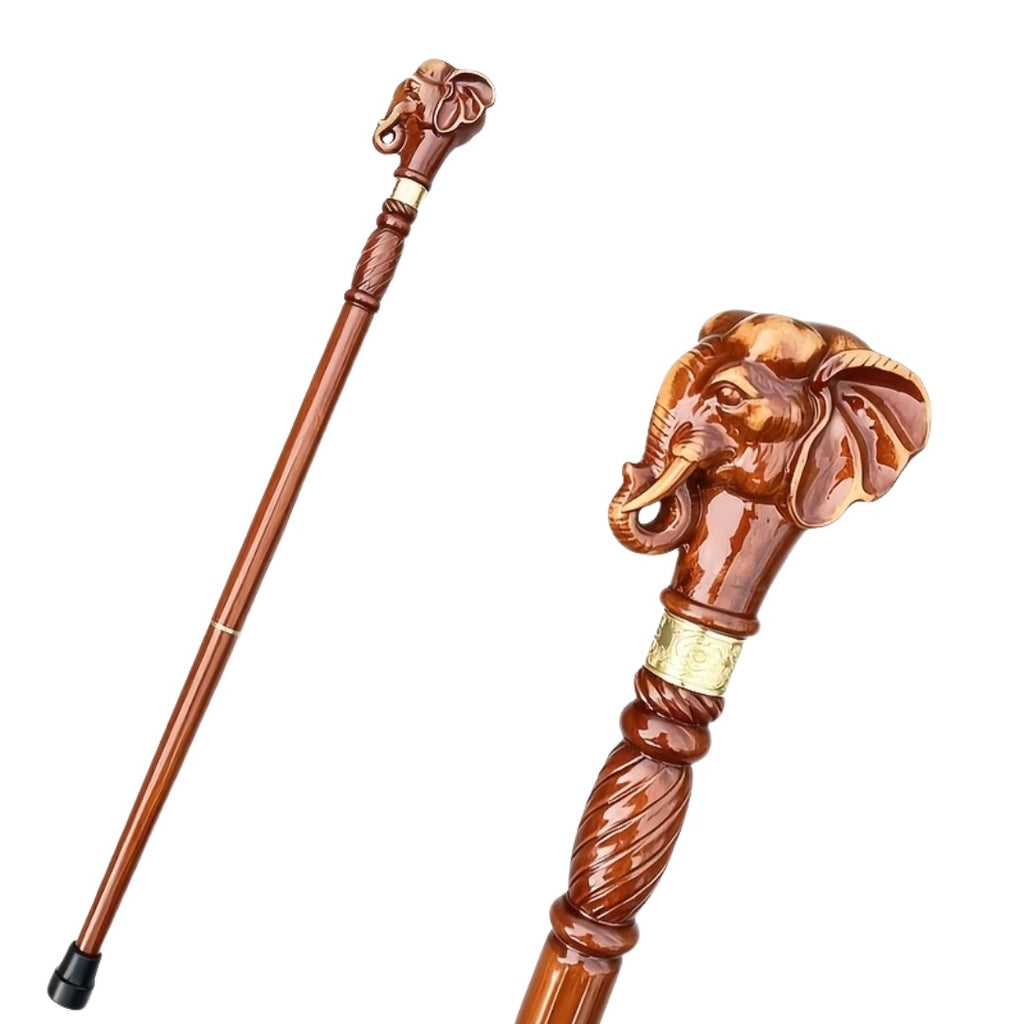 Elephant Knob Walking Cane, Gold Collar - elephant head top and full length