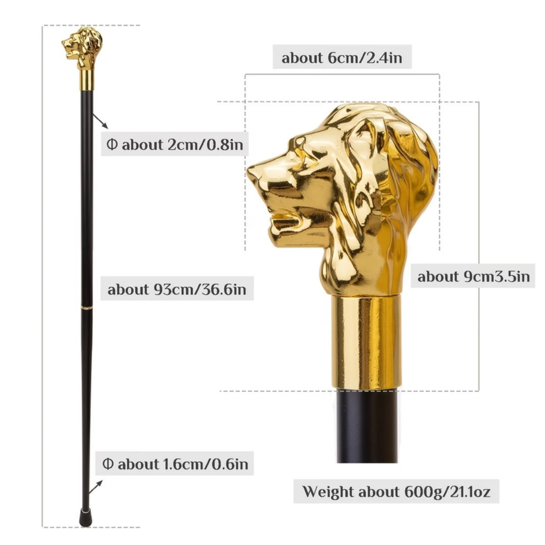 Golden Lion Head Walking Cane, second view of the polished lion head