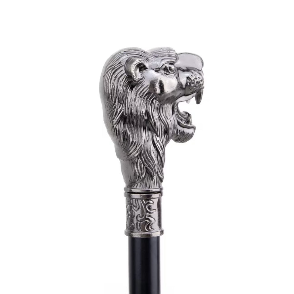 Roaring lion head in silver, close-up
