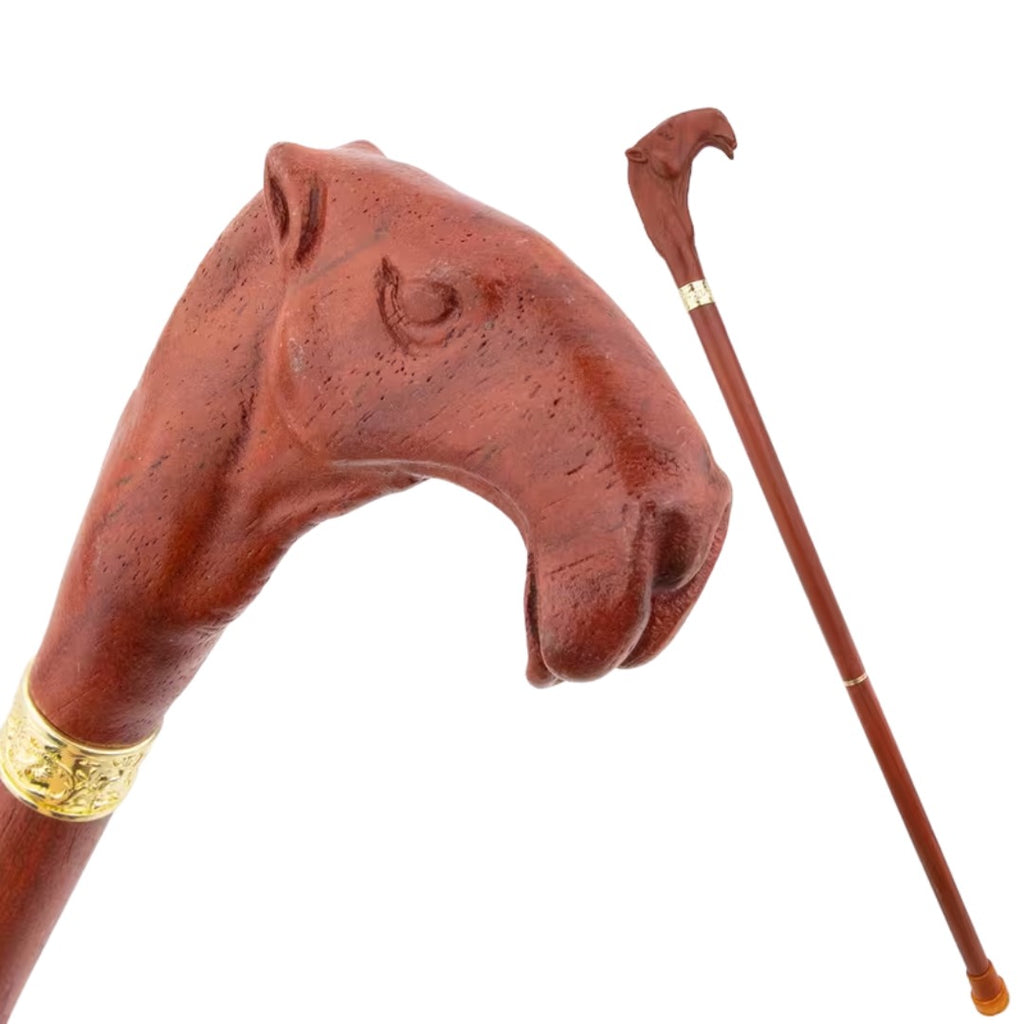 Carved Camel Walking Cane in red, crosier handle and full length