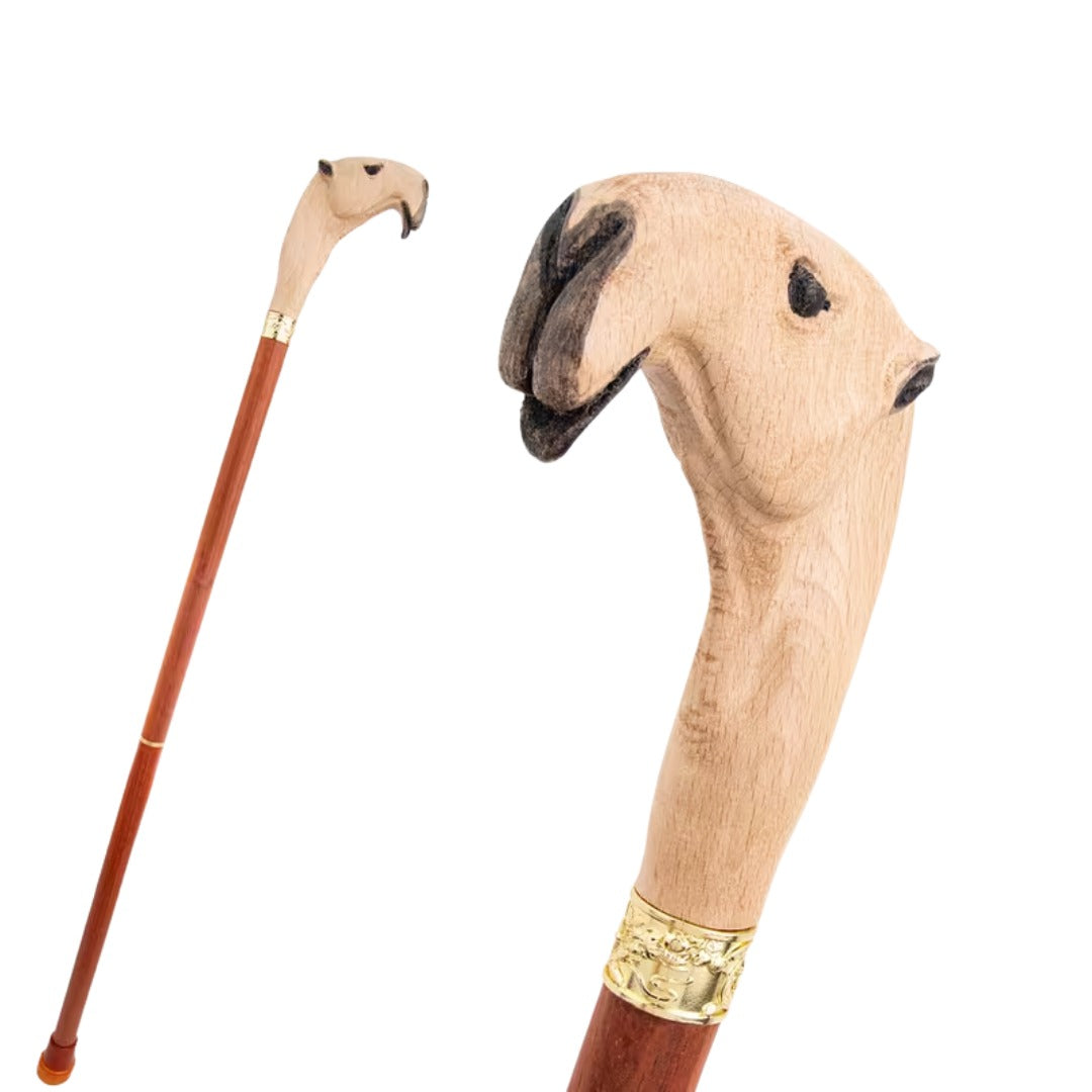 Carved Camel Walking Cane in sand, third view