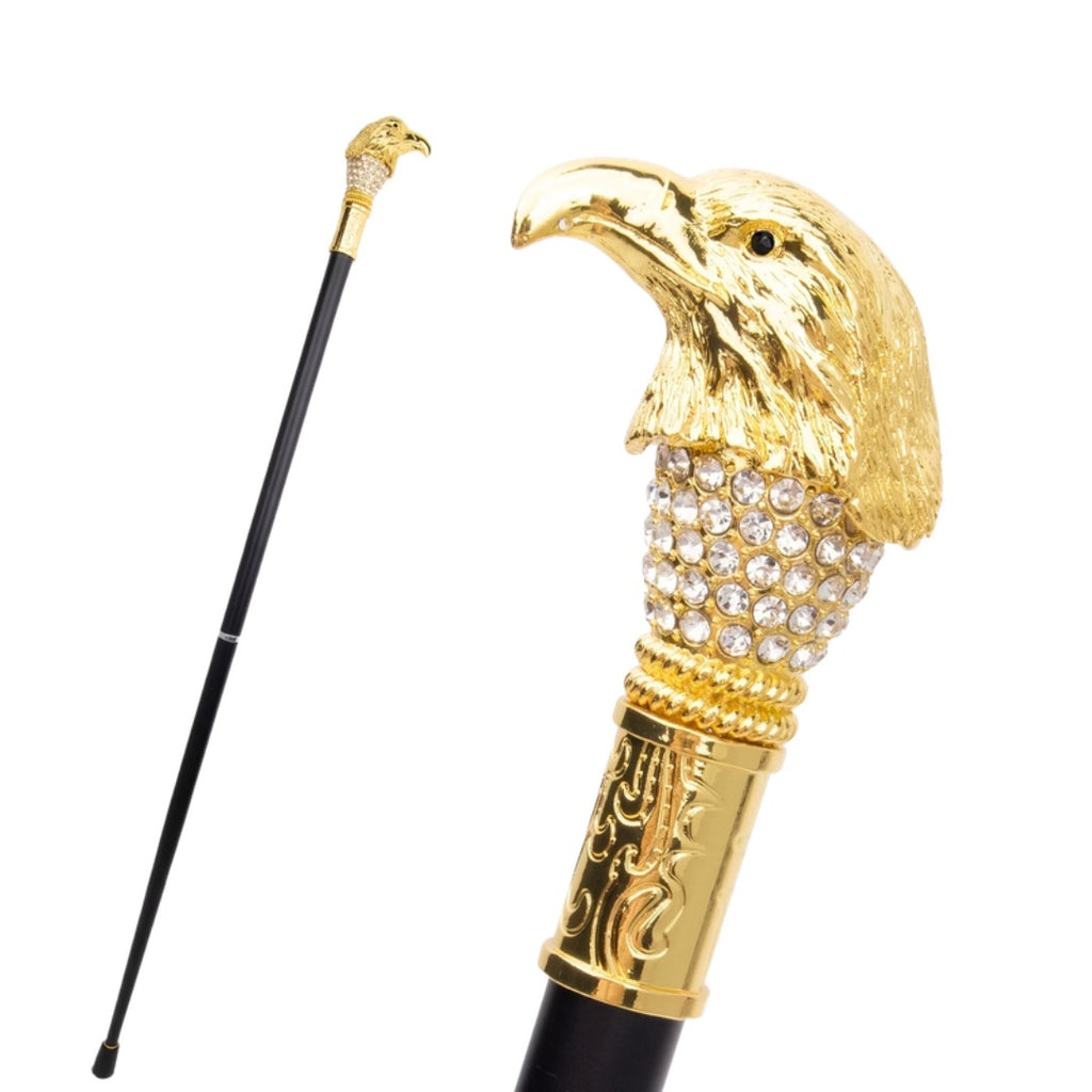 Golden Eagle Walking Cane with clear crystal collar, full length