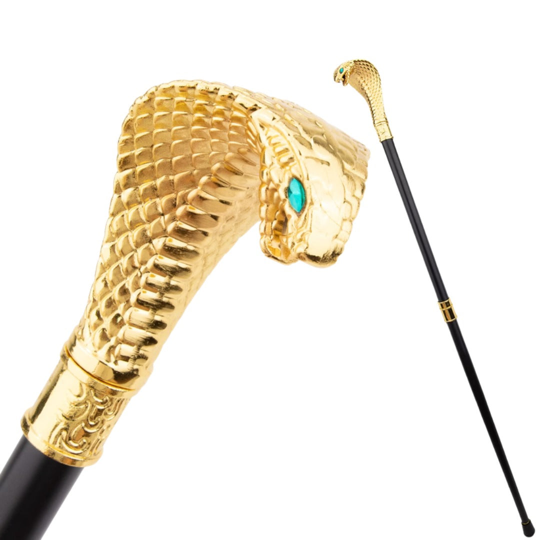 Golden Cobra Walking Cane with coloured eyes, gold finish full length