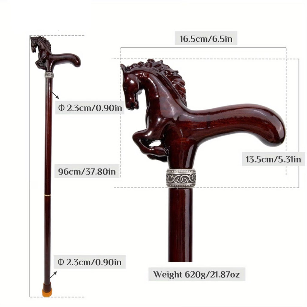 Carved rearing horse grip, close-up