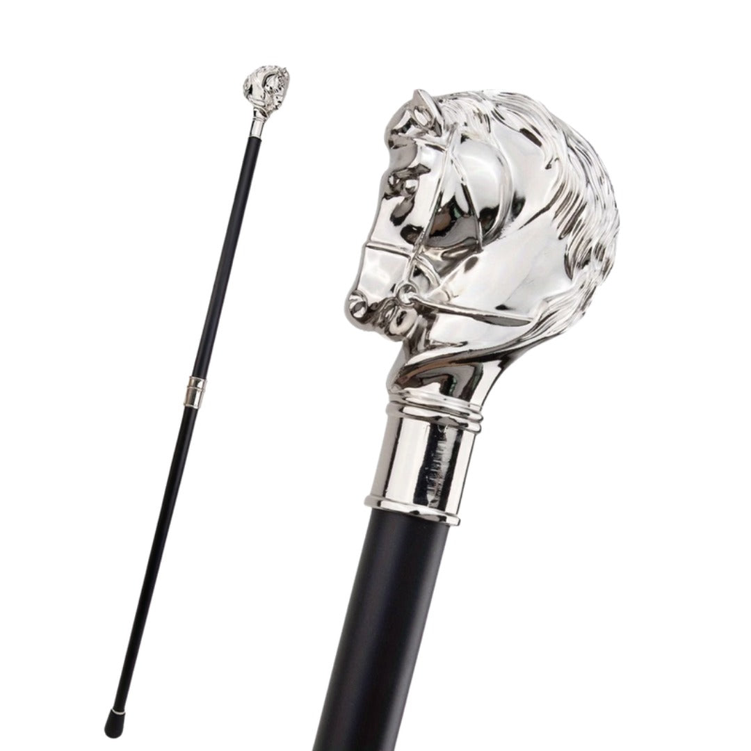 Horse Head Knob Walking Cane in silver alloy, full length