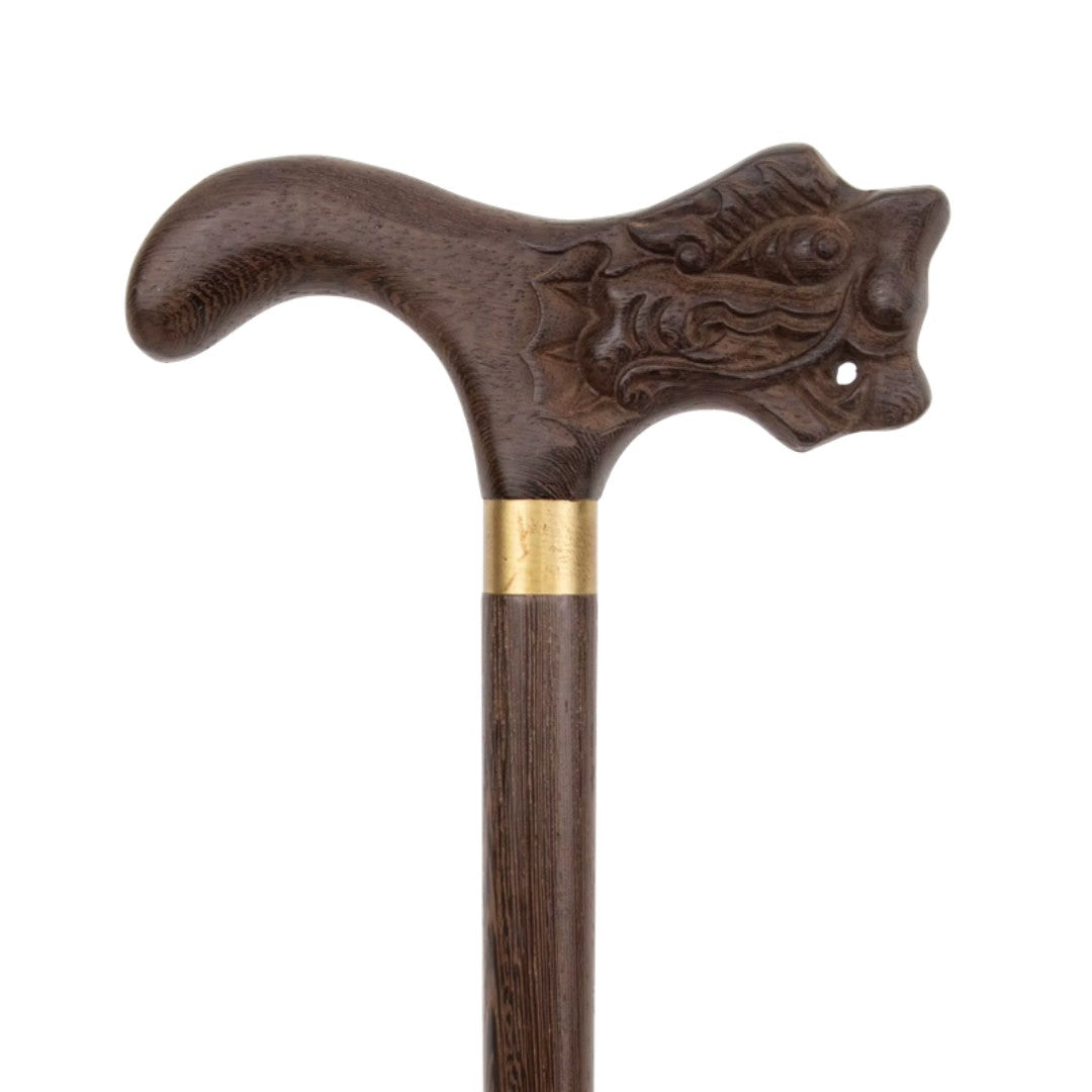 Dragon carved walking cane in dark wood, derby grip with brass collar