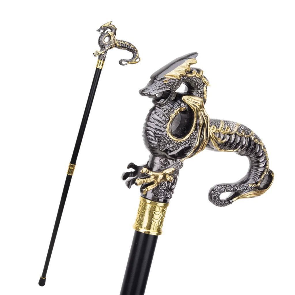 Black & Gold Dragon Walking Cane, coiled dragon handle and full length
