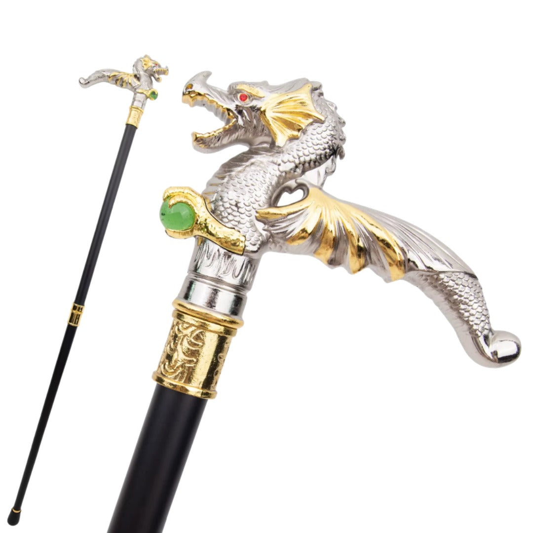 White Dragon Walking Cane with green orb, full length