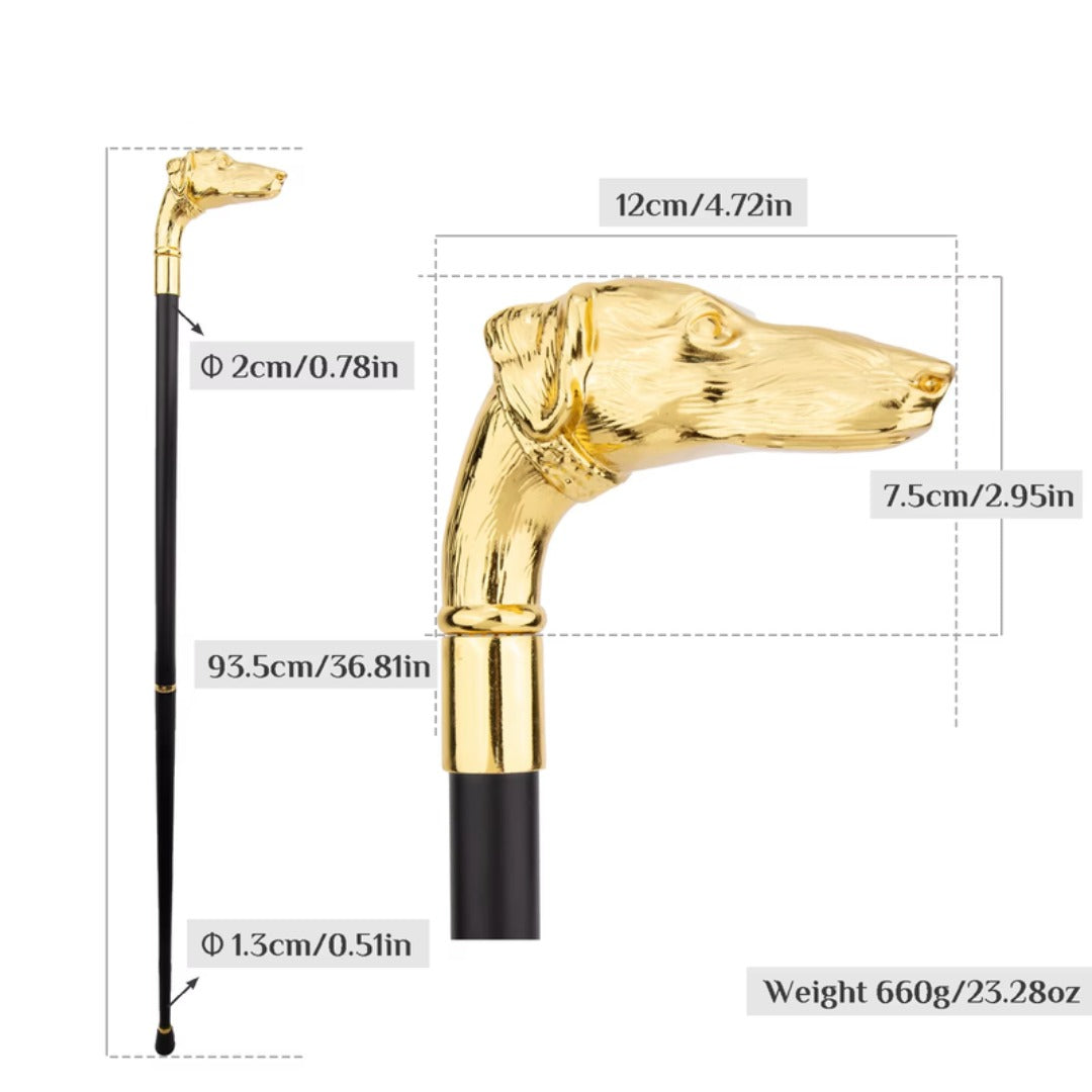 Afghan hound walking cane gold, dimensions and full length