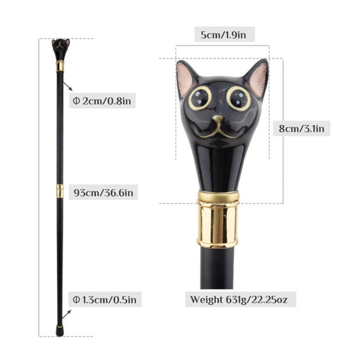 Glossy black cat head detail on walking cane