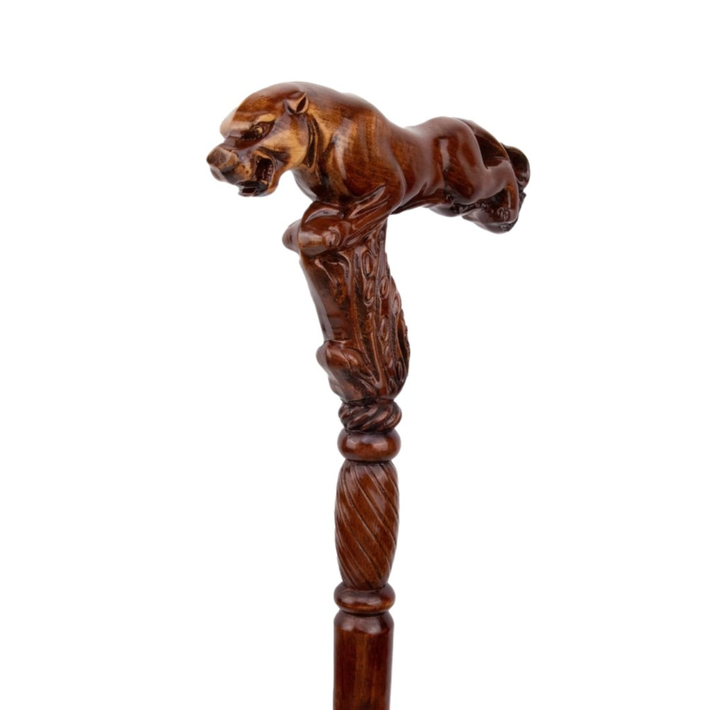 Carved leopard walking cane in solid wood, 93cm