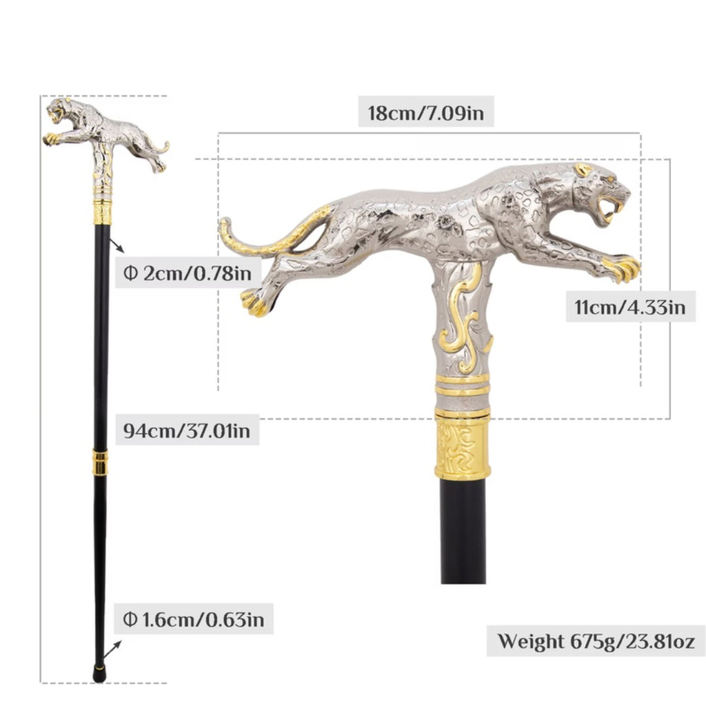 Running leopard walking cane silver and gold full length
