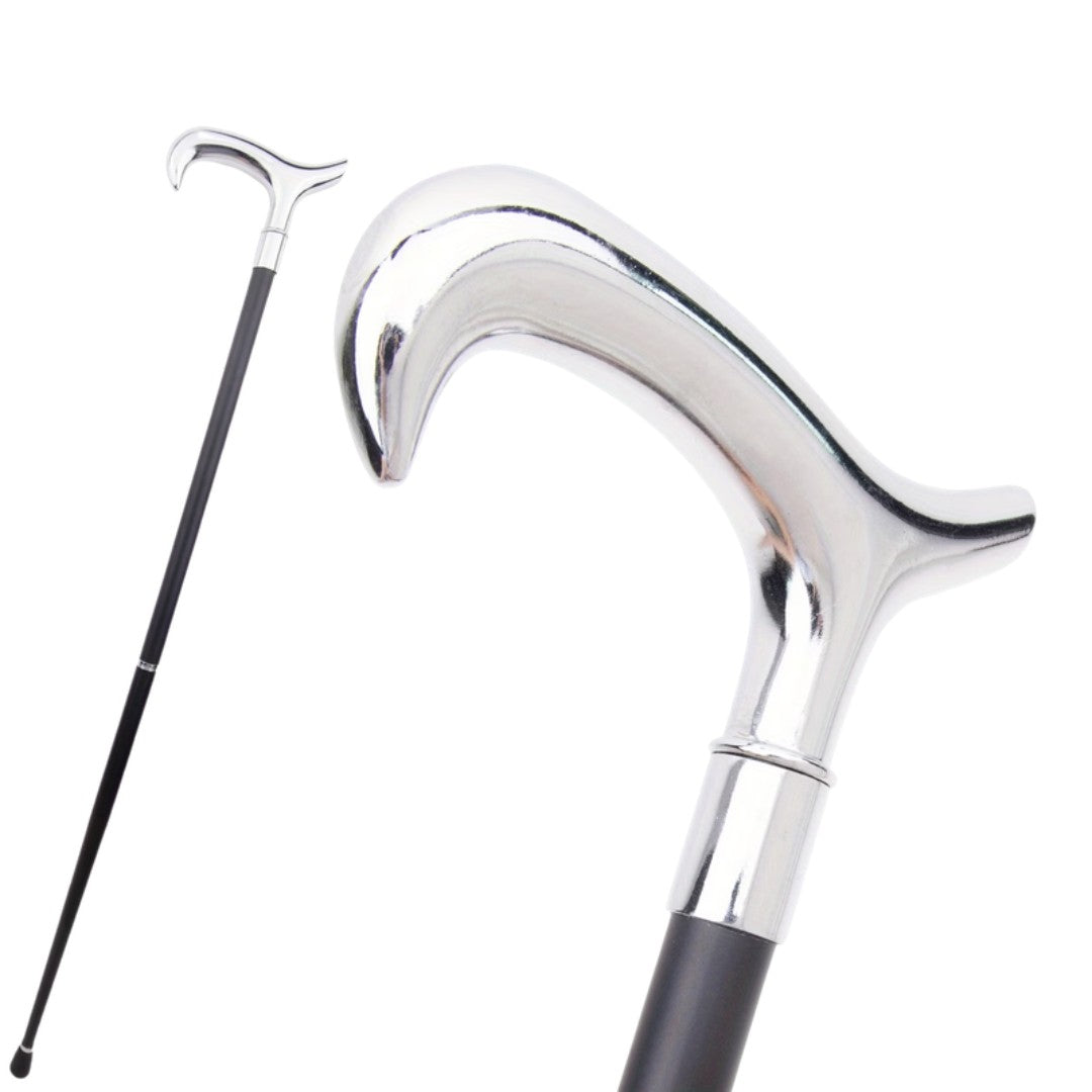 Slim silver T-handle walking cane full length view