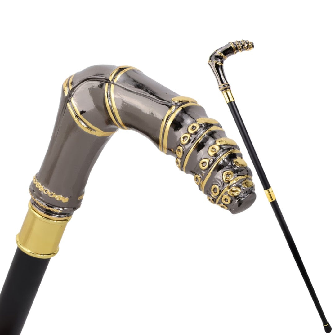 Bamboo T-handle walking cane in black and gold metal