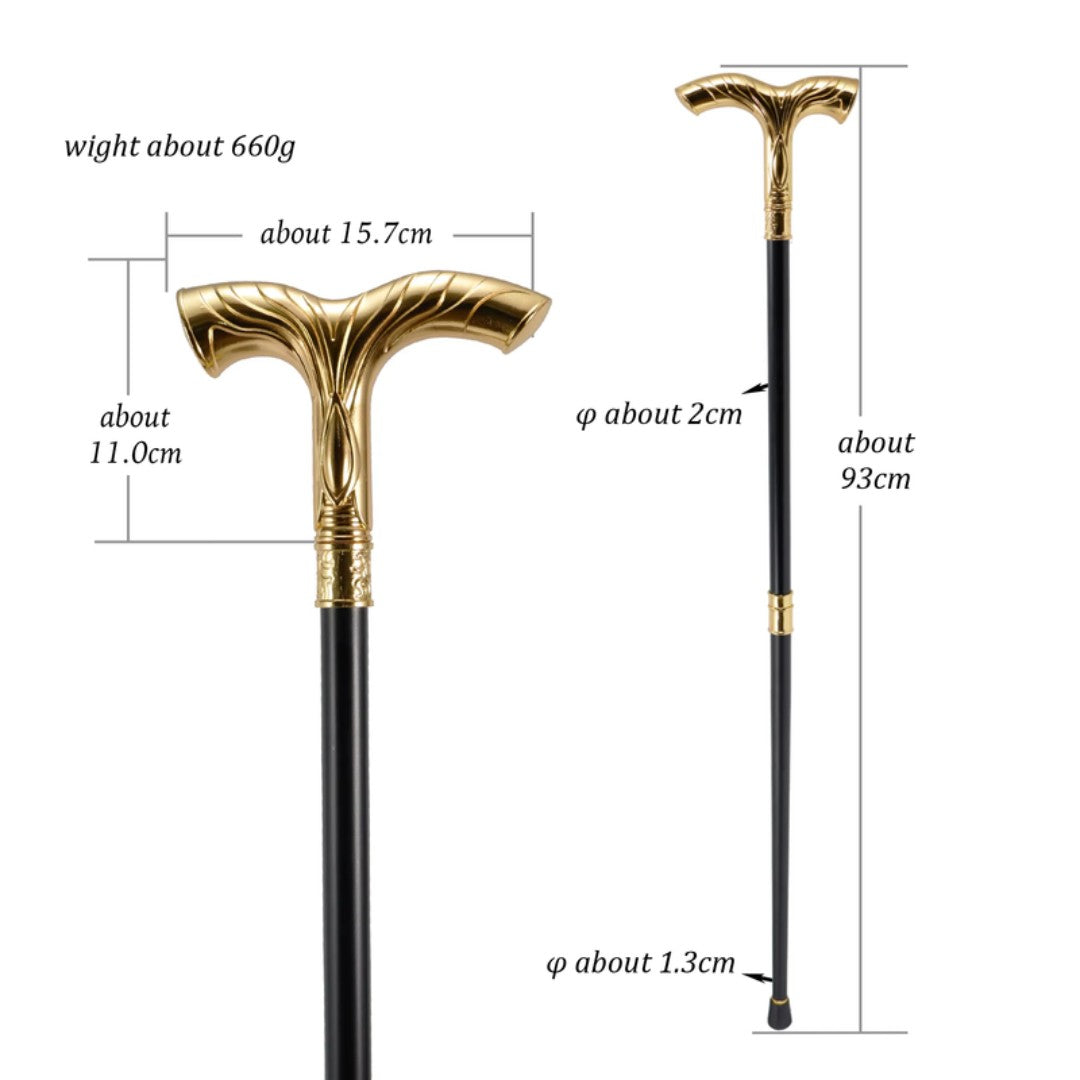 Striped walking cane gold full length view