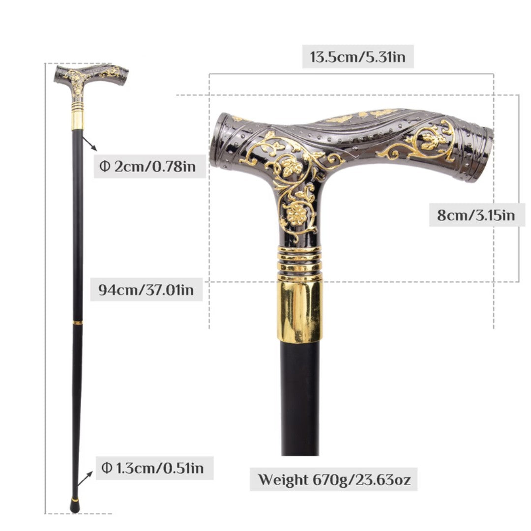 Golden floral scrollwork detail on gunmetal T-handle