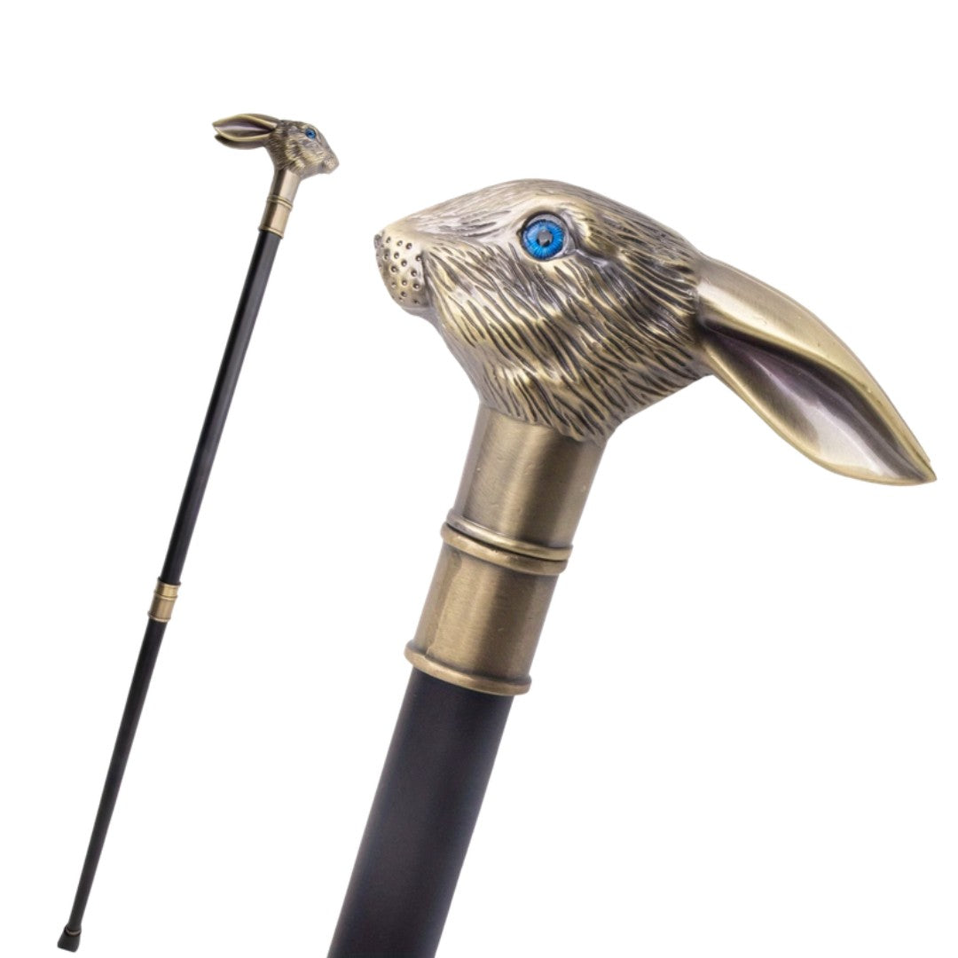 Rabbit walking cane in copper with blue eyes, 93cm