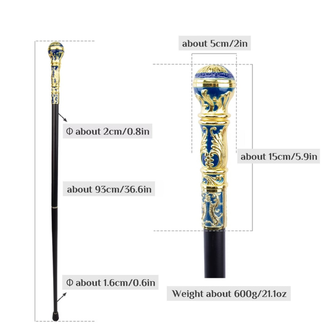 Blue and gold sceptre walking cane full length view