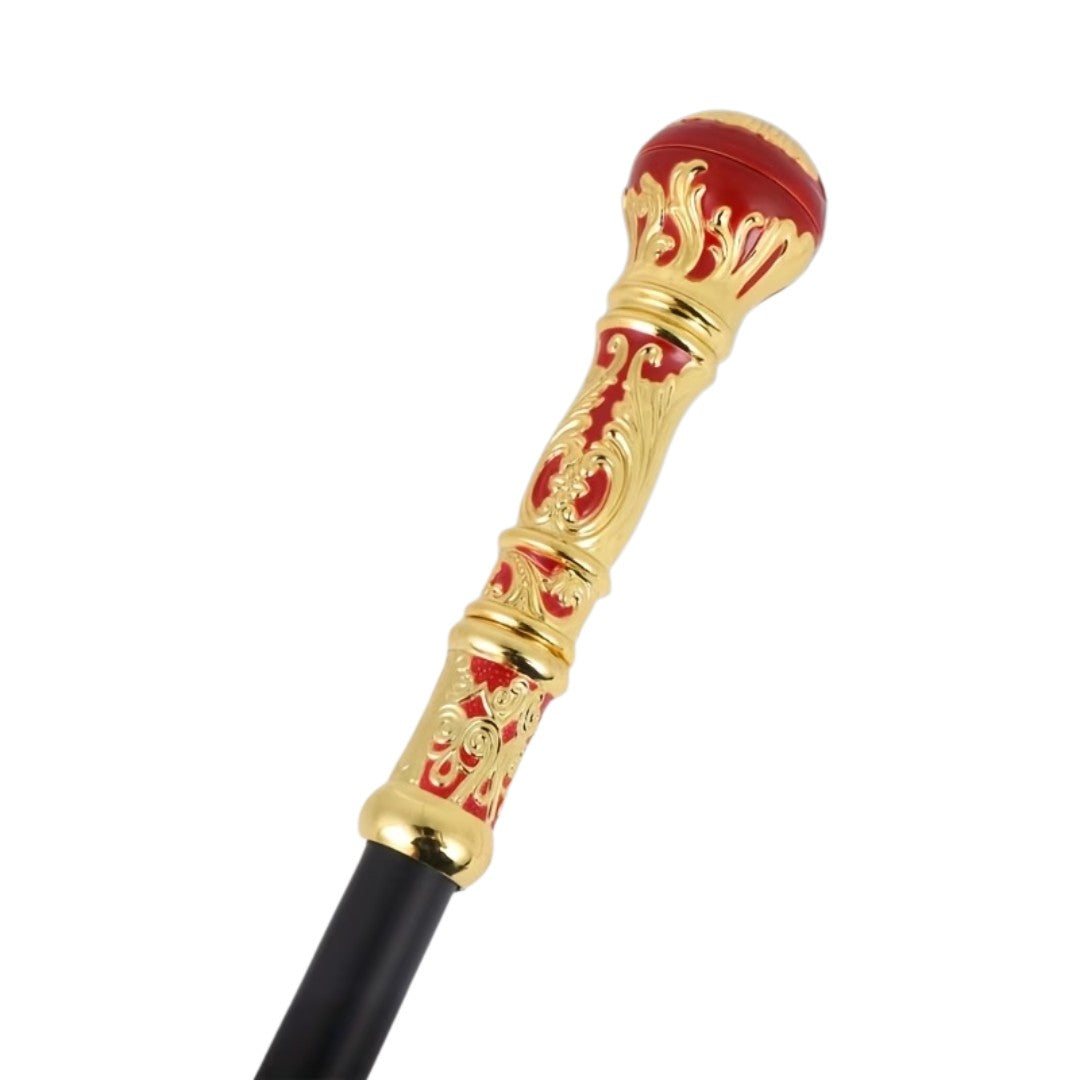 Red and gold sceptre walking cane full length view