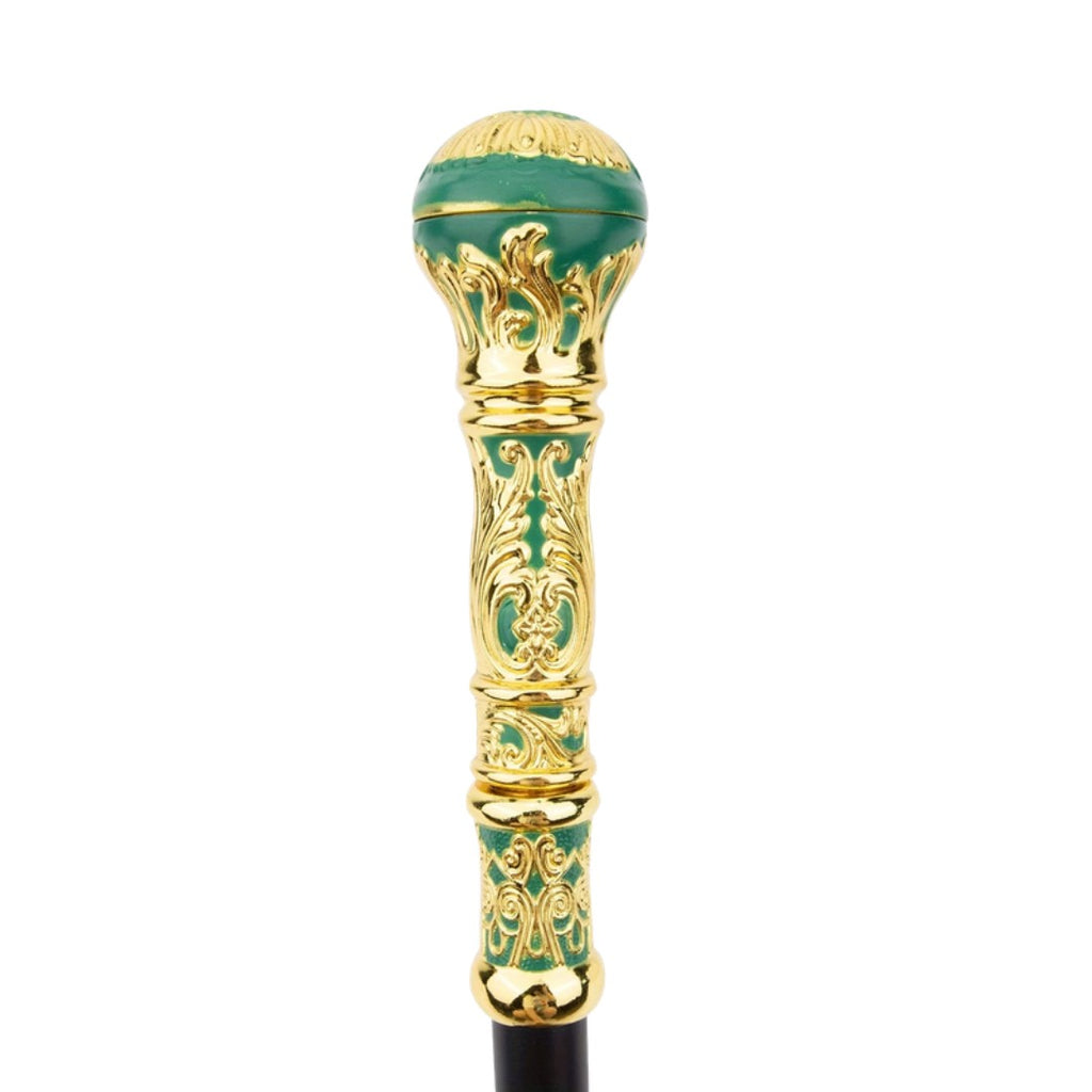 Green and gold sceptre walking cane full length view