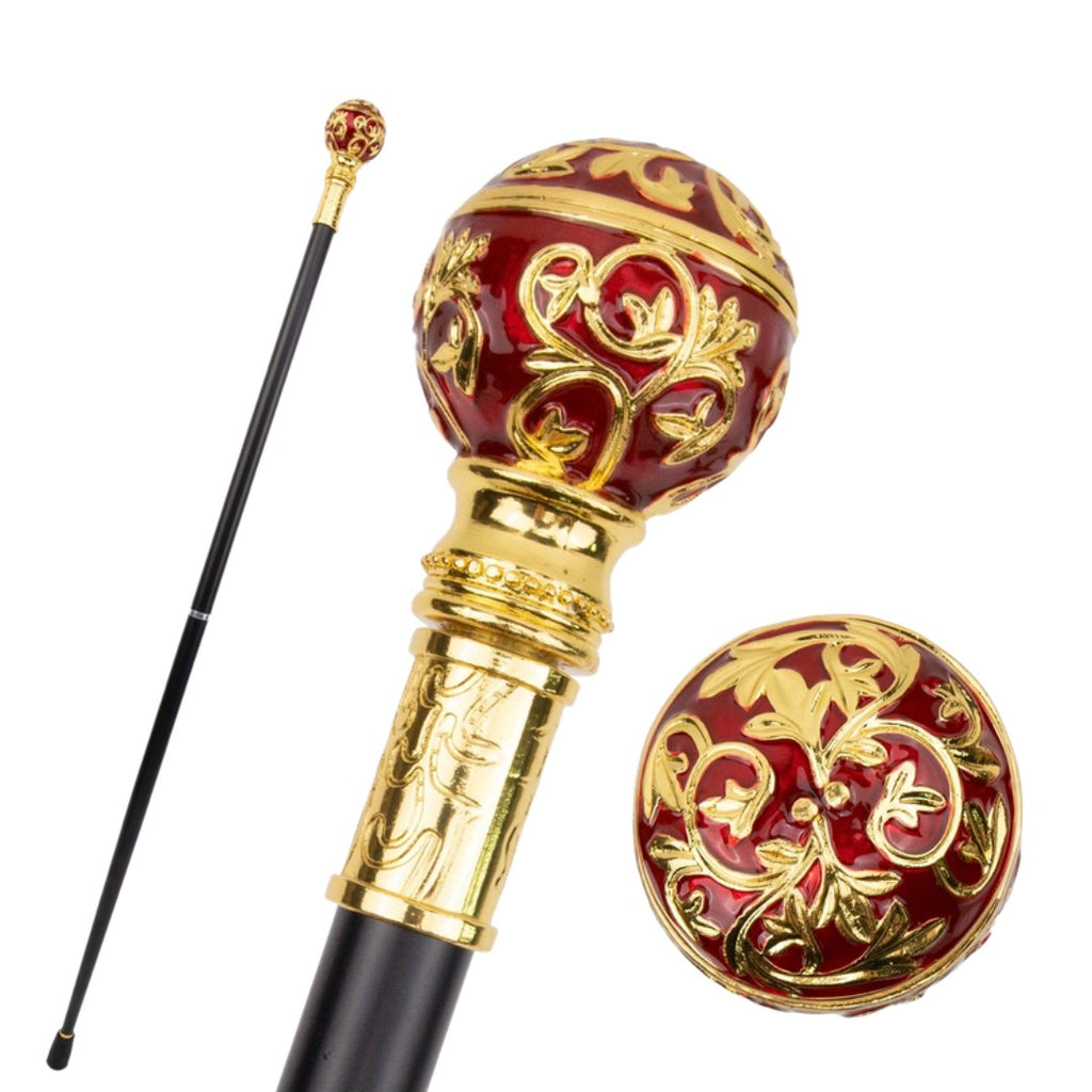 Red ball walking cane with gold vines, 93cm