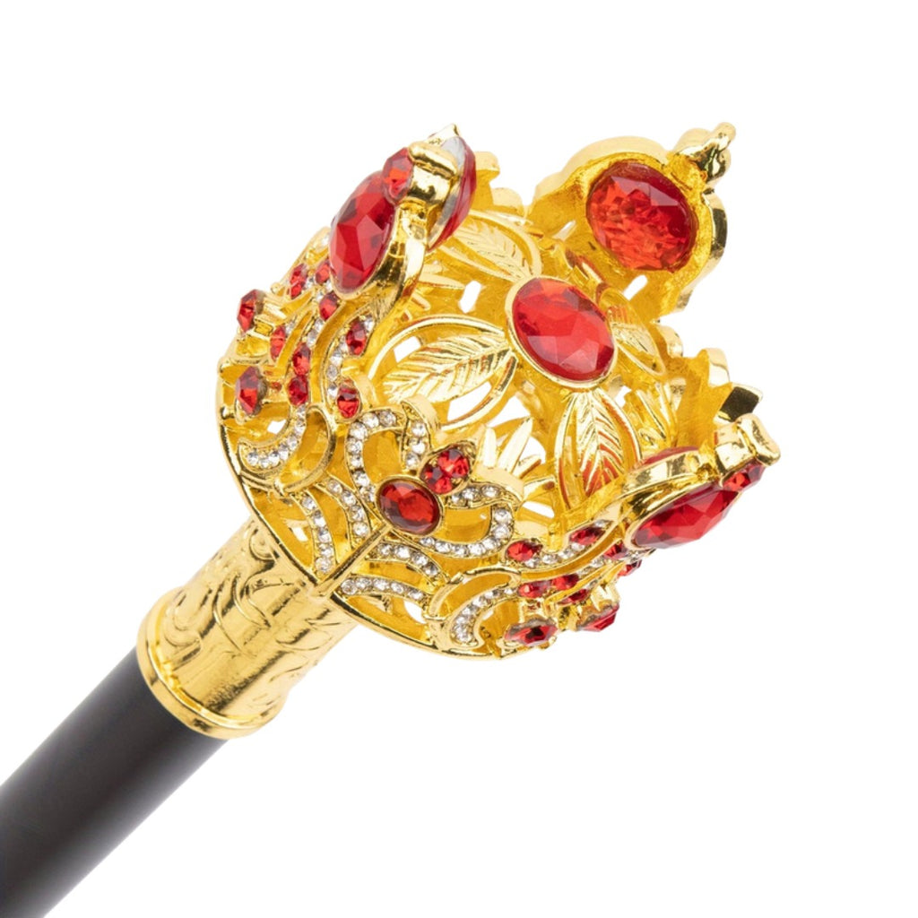 Golden crown handle set with red and clear coloured stones